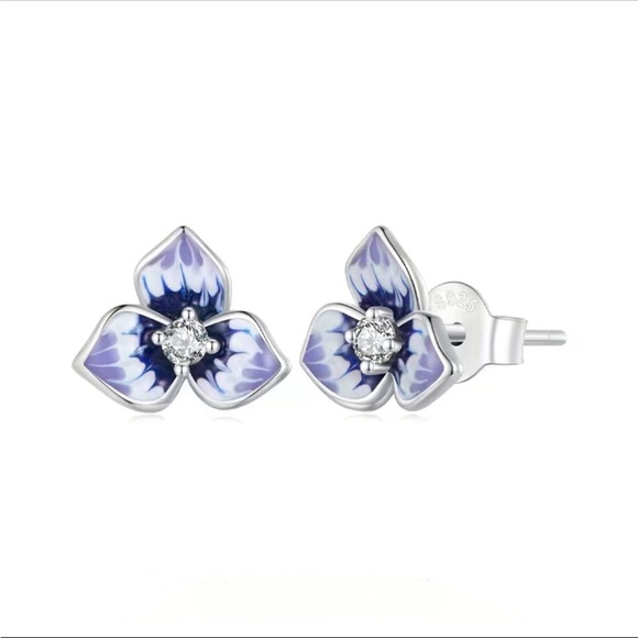 2/$30 Genuine 925 Sterling Silver & CZ Enameled Pansy Flower Earrings - Picture 2 of 6